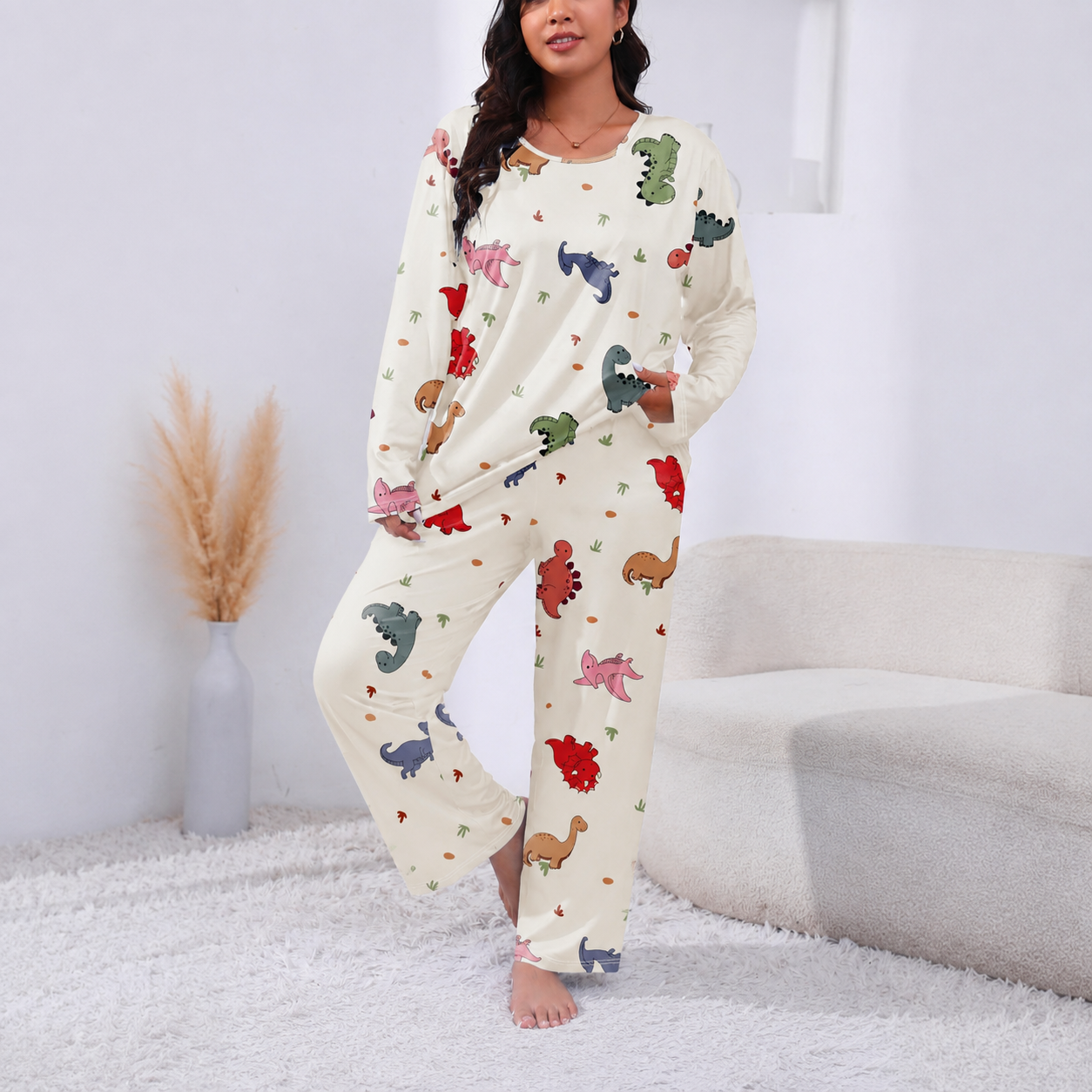 Casual Plus Size Printed Long Sleeve Pajama Set For Women