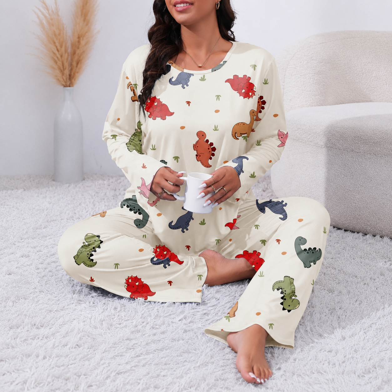 Casual Plus Size Printed Long Sleeve Pajama Set For Women
