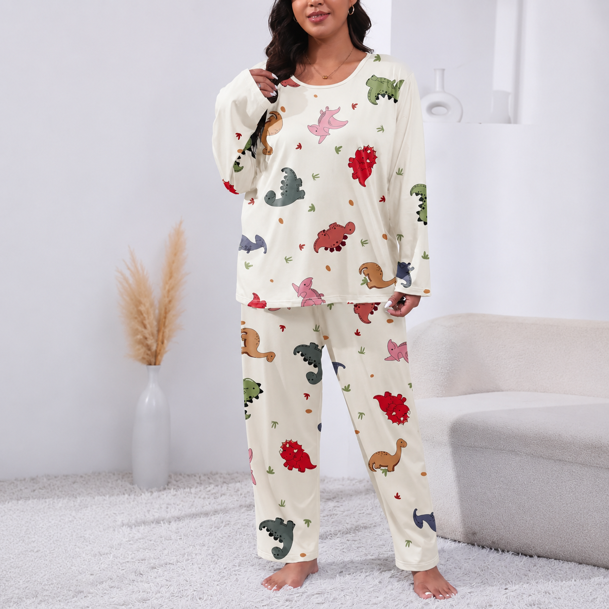 Casual Plus Size Printed Long Sleeve Pajama Set For Women