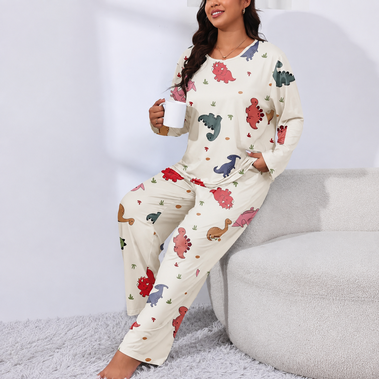 Casual Plus Size Printed Long Sleeve Pajama Set For Women