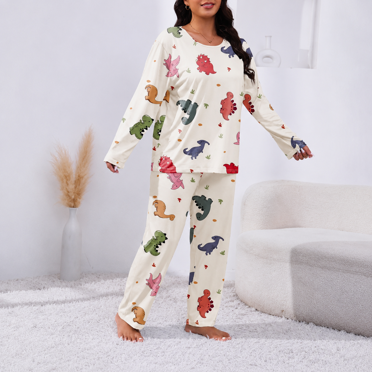 Casual Plus Size Printed Long Sleeve Pajama Set For Women
