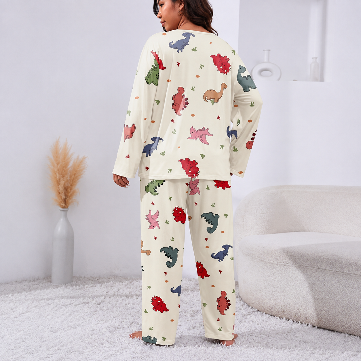 Casual Plus Size Printed Long Sleeve Pajama Set For Women