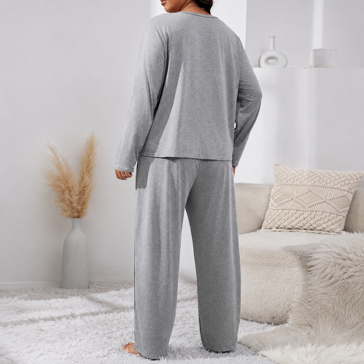 Casual Plus Size Printed Long Sleeve Pajama Set For Women