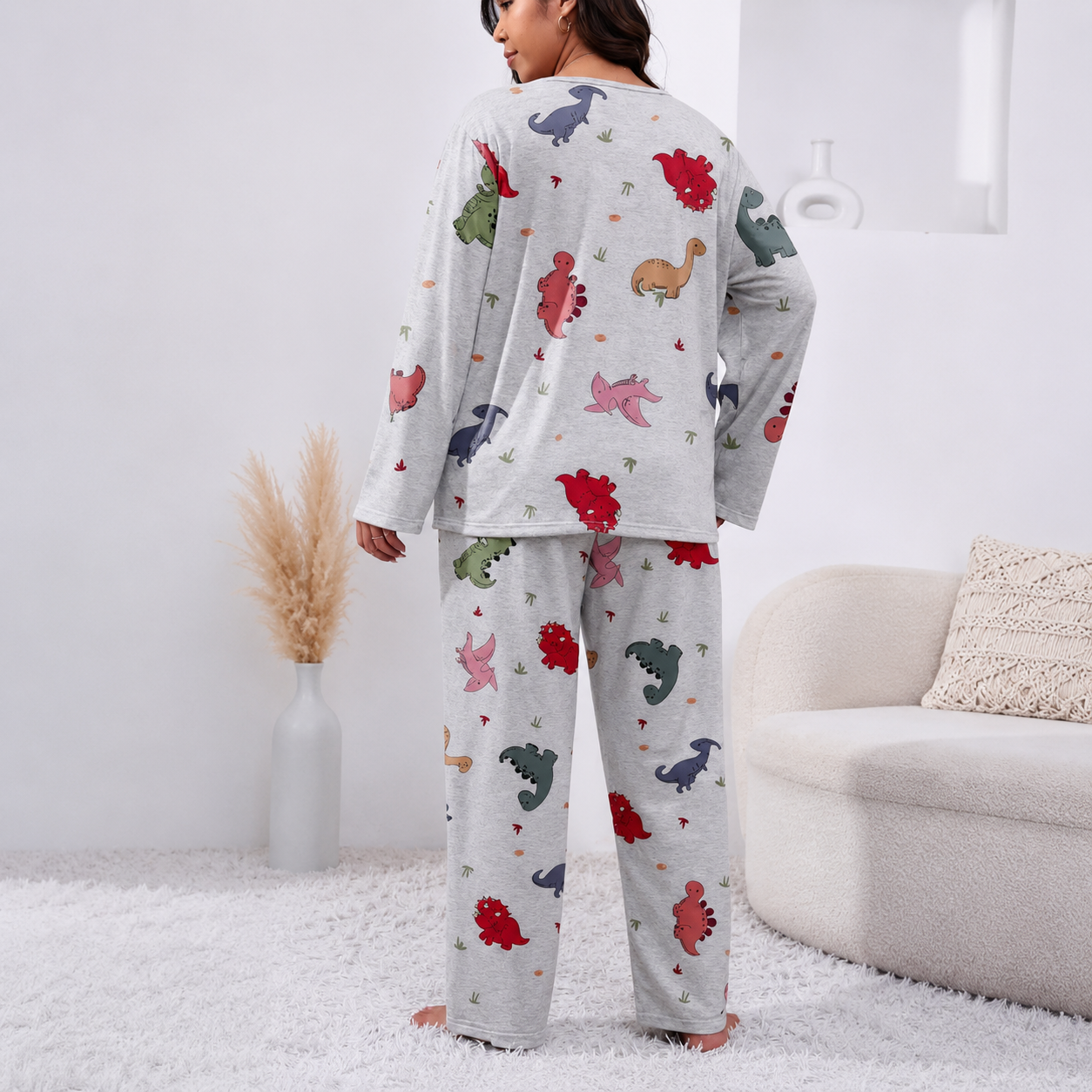 Casual Plus Size Printed Long Sleeve Pajama Set For Women