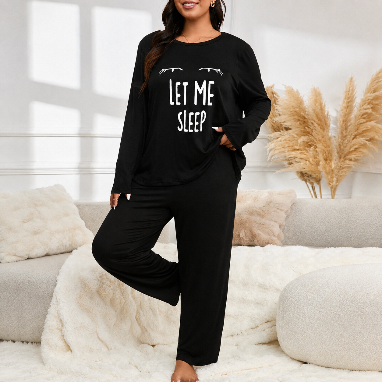 Casual Plus Size Printed Long Sleeve Pajama Set For Women