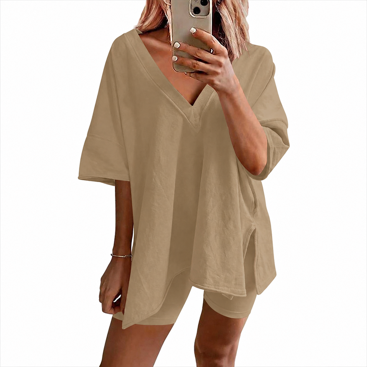 Two Piece Pajama Set With Split Hem Shirt And Shorts For Women