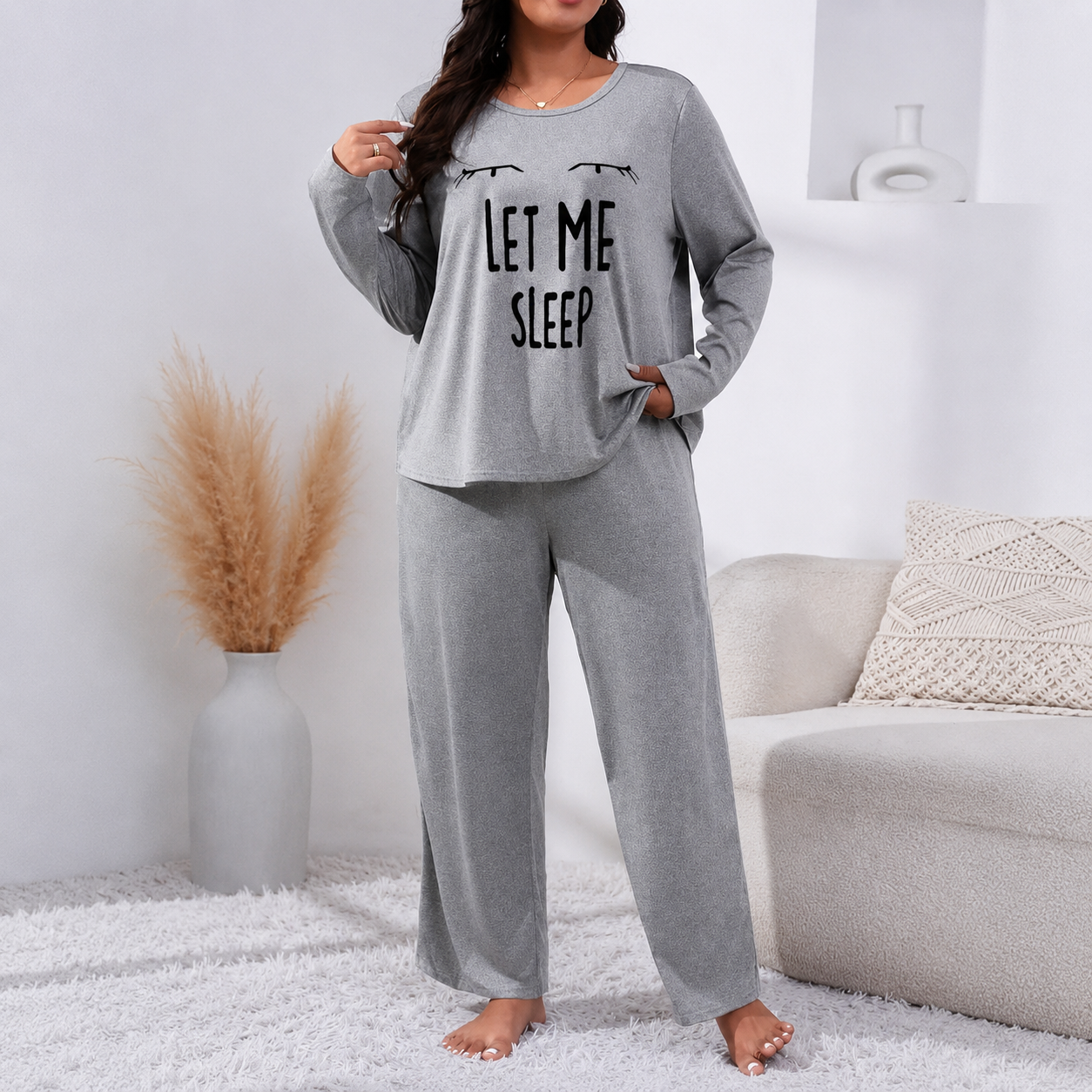 Casual Plus Size Printed Long Sleeve Pajama Set For Women