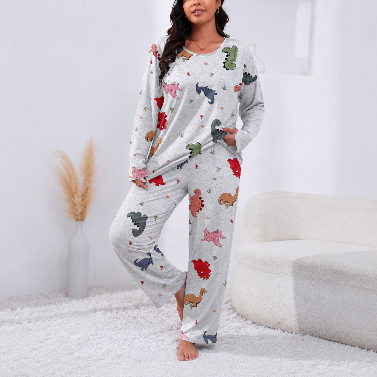 Casual Plus Size Printed Long Sleeve Pajama Set For Women