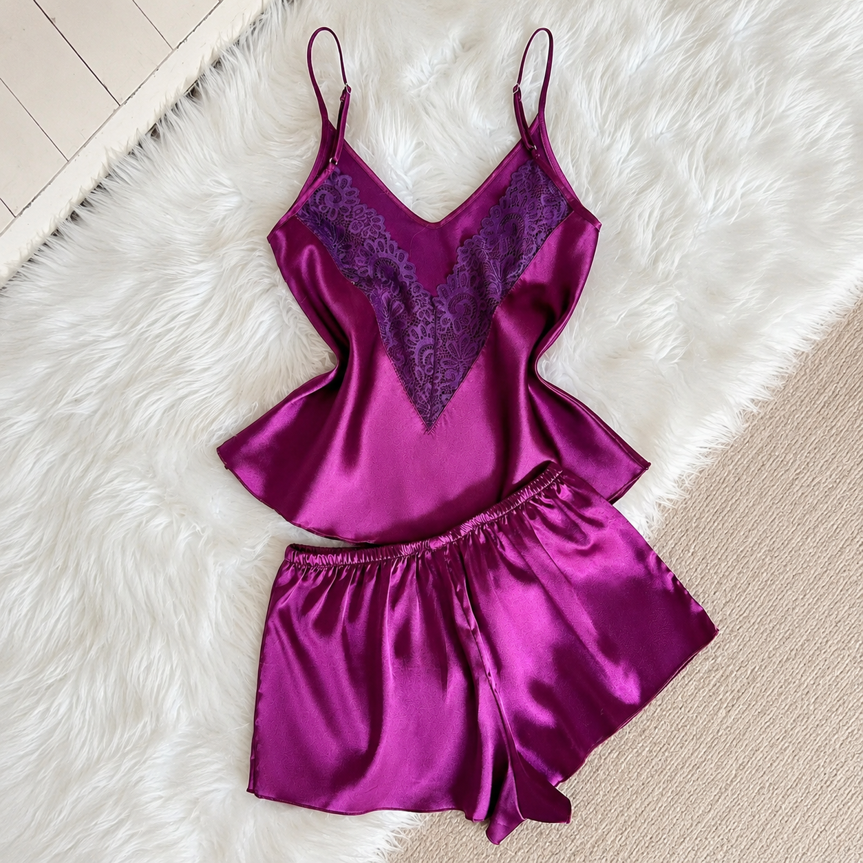 2 Piece Of Lace Trim Camisole Top And Shorts Sleepwear Pajama Set For Women