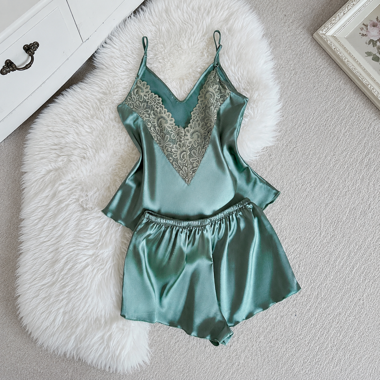 2 Piece Of Lace Trim Camisole Top And Shorts Sleepwear Pajama Set For Women