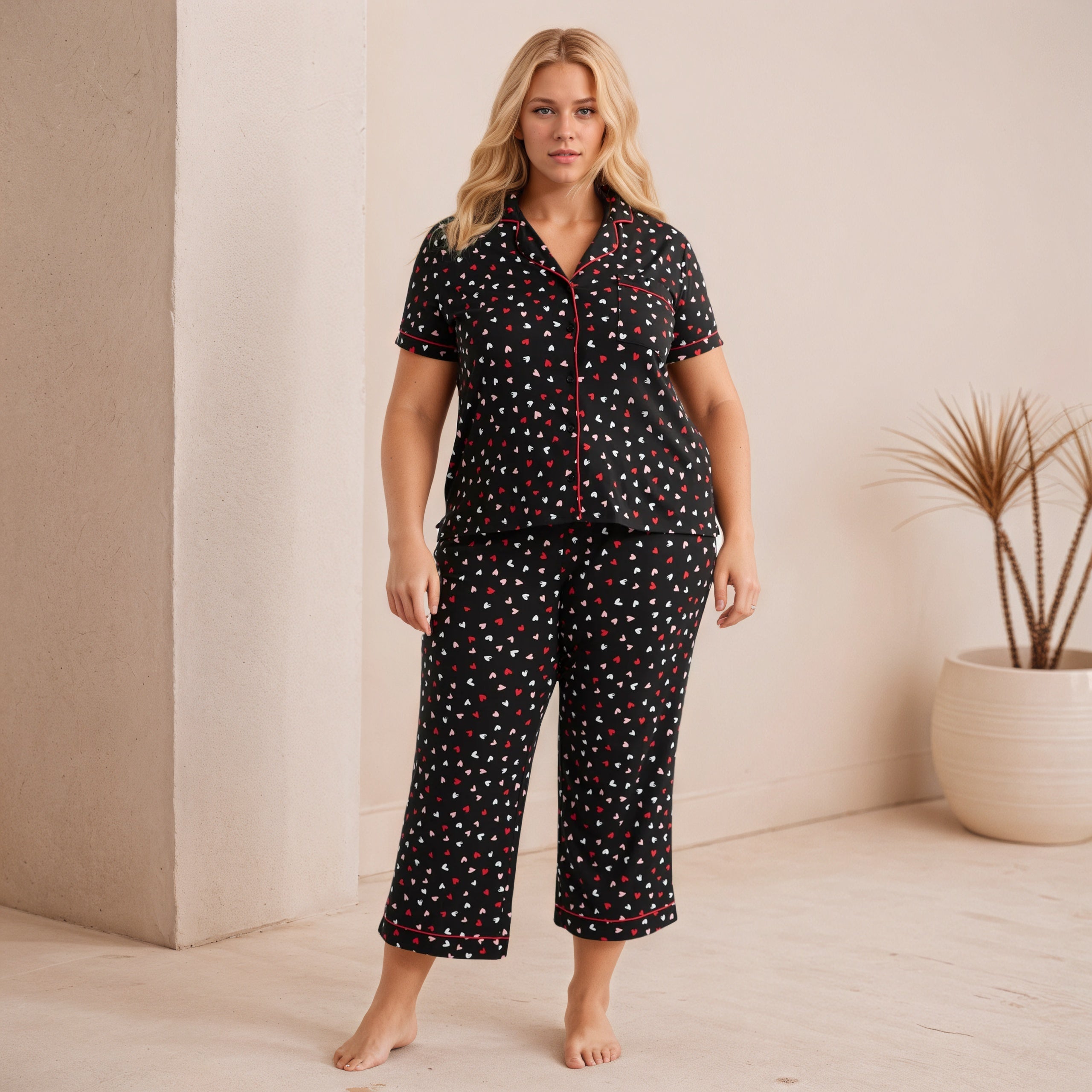 Dreamy Soft Collection Notch Collar Short Sleeve Knit Top And Pajama Set-Original Pajamas