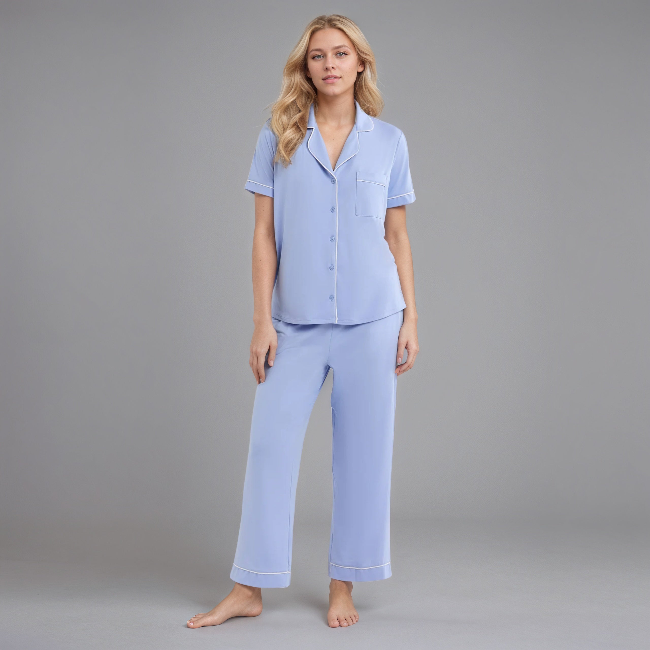 Women's Dreamy Soft Collection Notch Collar Short Sleeve Knit Top And Pajama Set-Original Pajamas