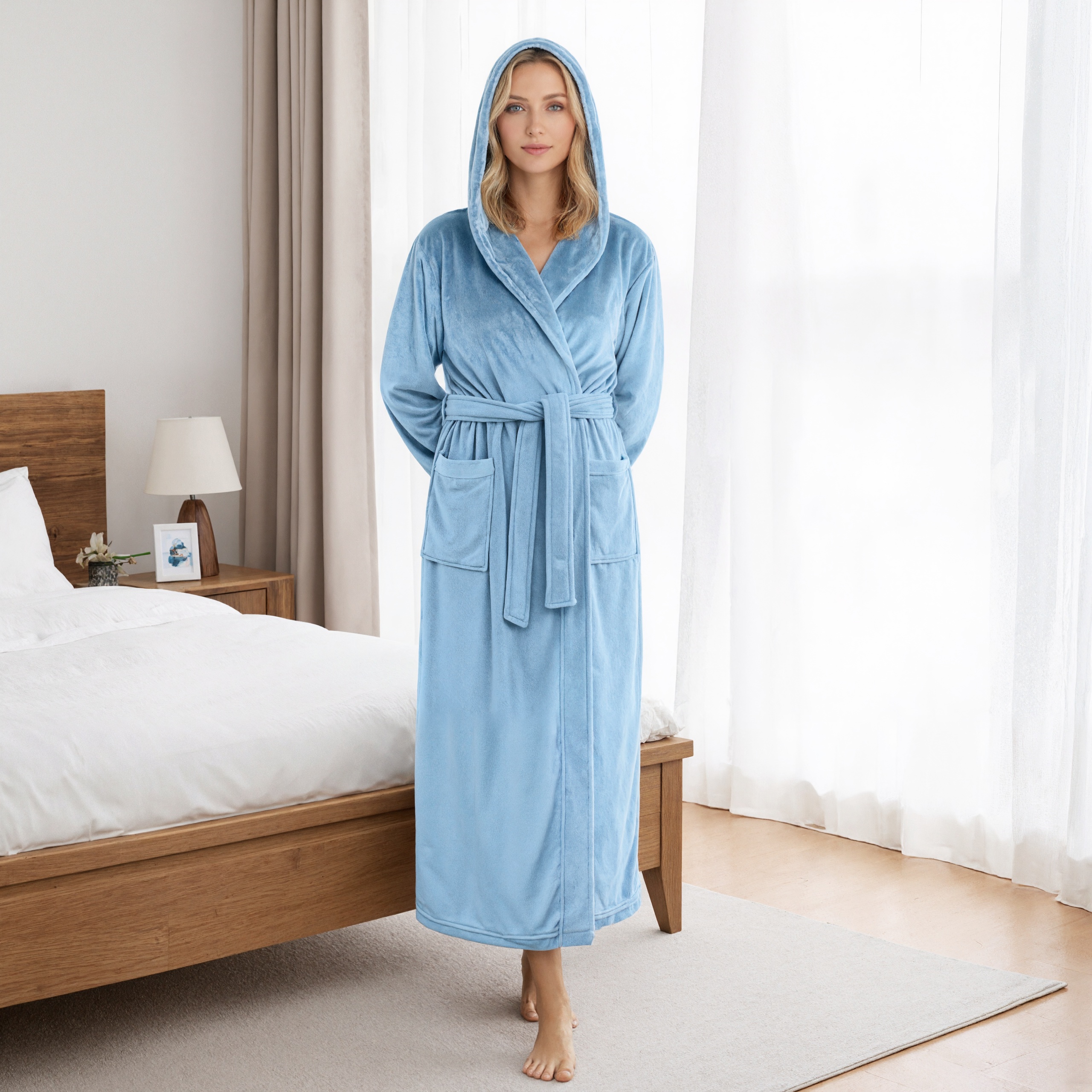 Hooded Plush Fleece Long Bath Robe With Belt And Pockets For Women