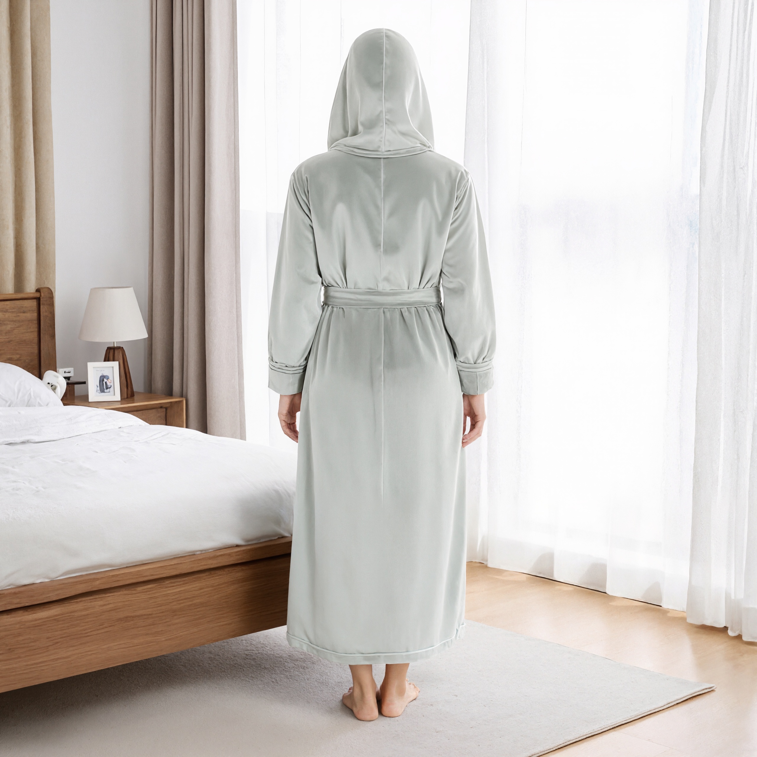 Hooded Plush Fleece Long Bath Robe With Belt And Pockets For Women