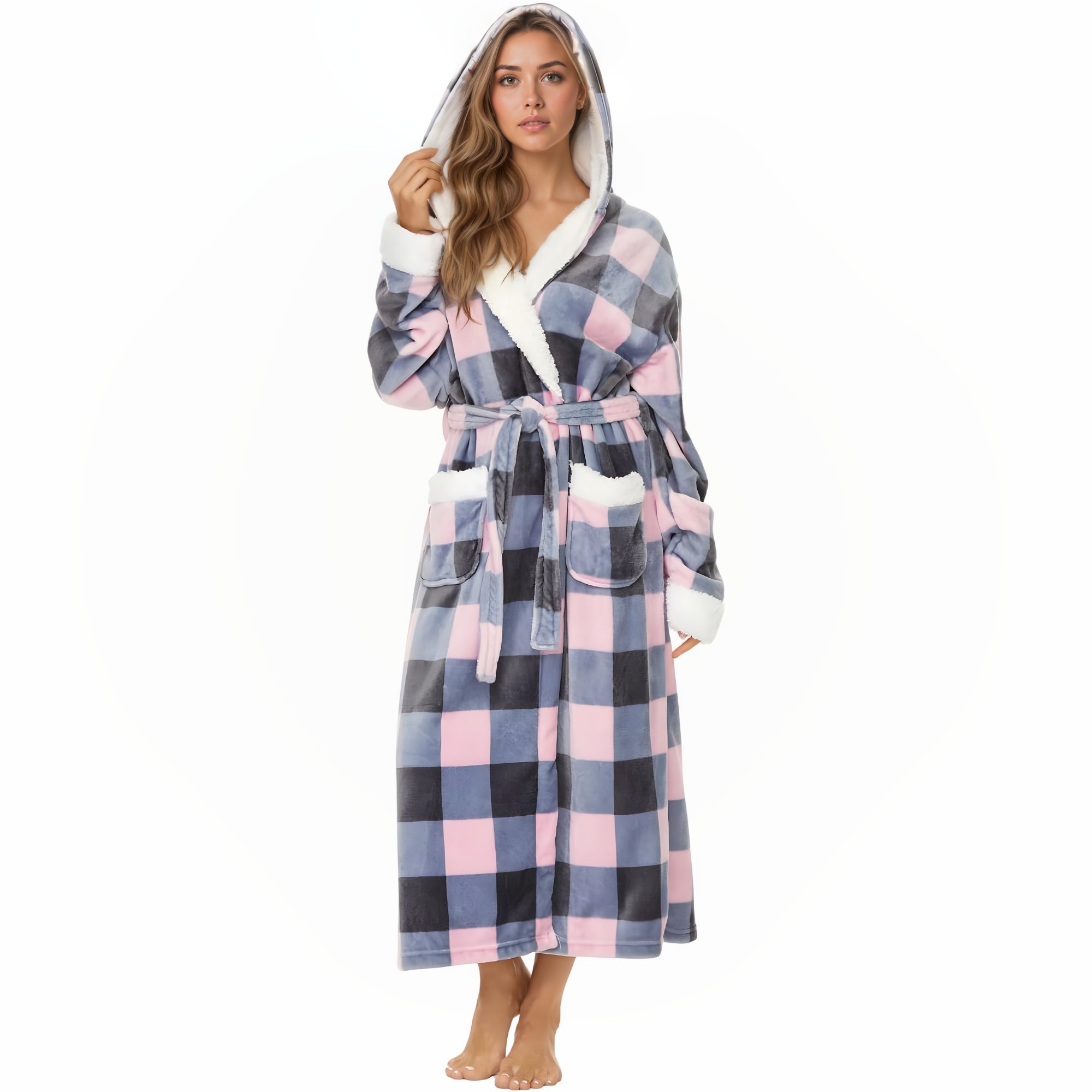 Soft Fleece Hooded Long Bathrobe For Women Home Lounge