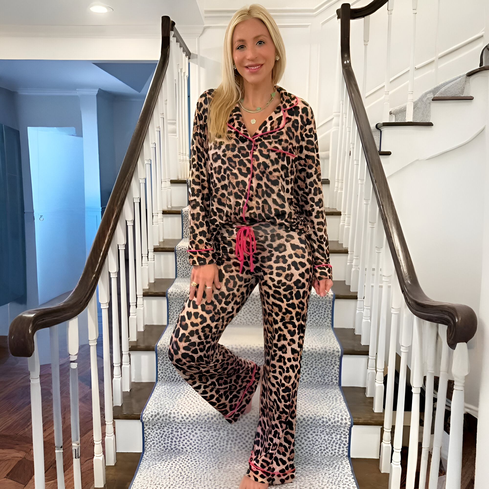 Leopard With Pink Trim Wide Leg Pants Pajama Set