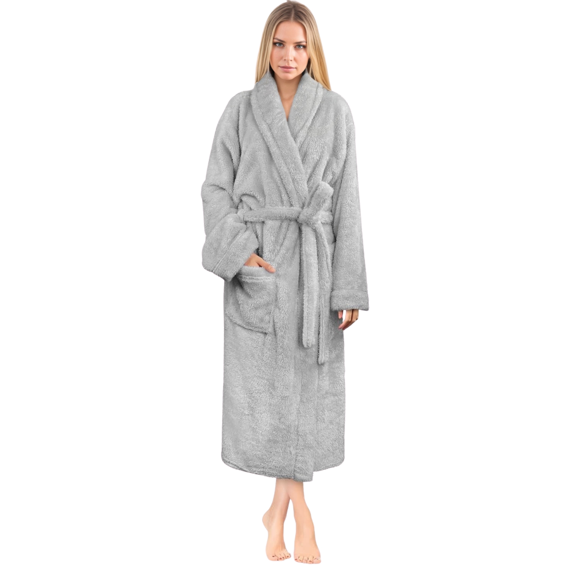 Plush Fleece Sherpa Style Long Bath Robe With Side Pockets For Women