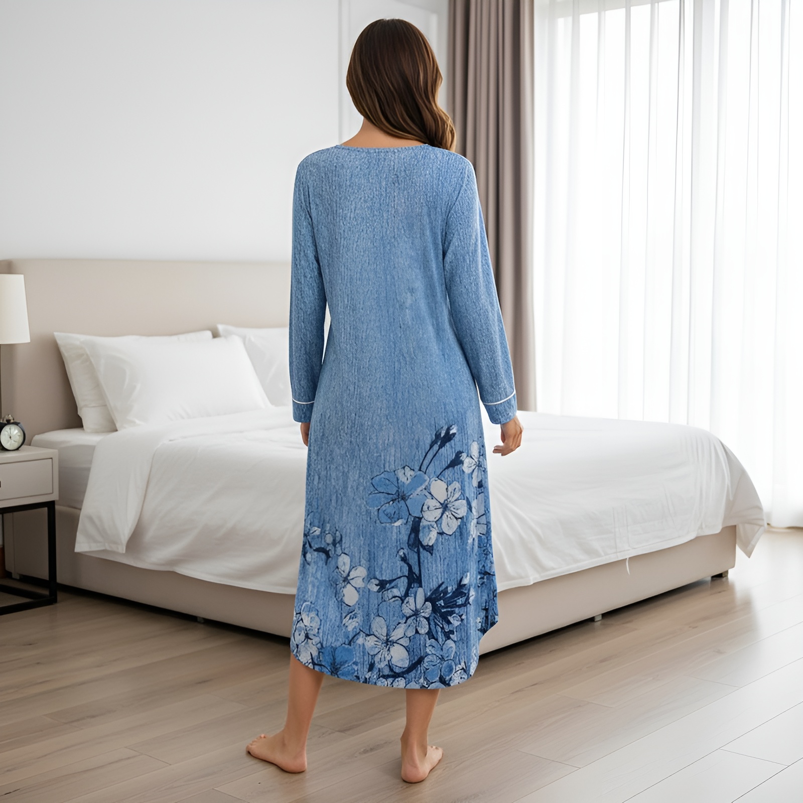 Classic Nightgown With Long Sleeve Button Down Design For Women