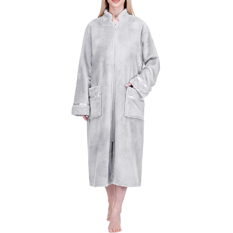 Cozy Zip Up Front Bathrobe With Soft Fleece For Women