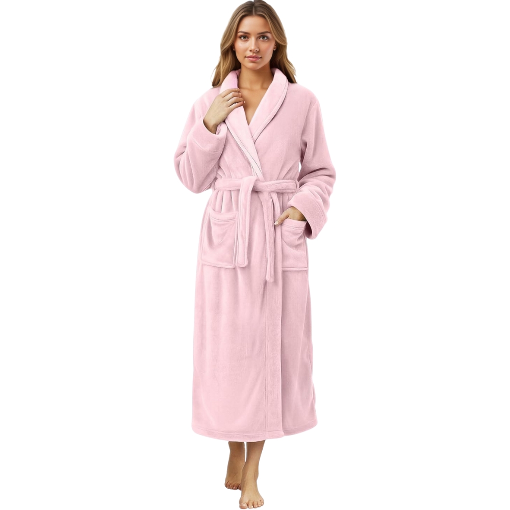 Plush Fleece Long Bath Robe With Shawl Collar And Belt For Women