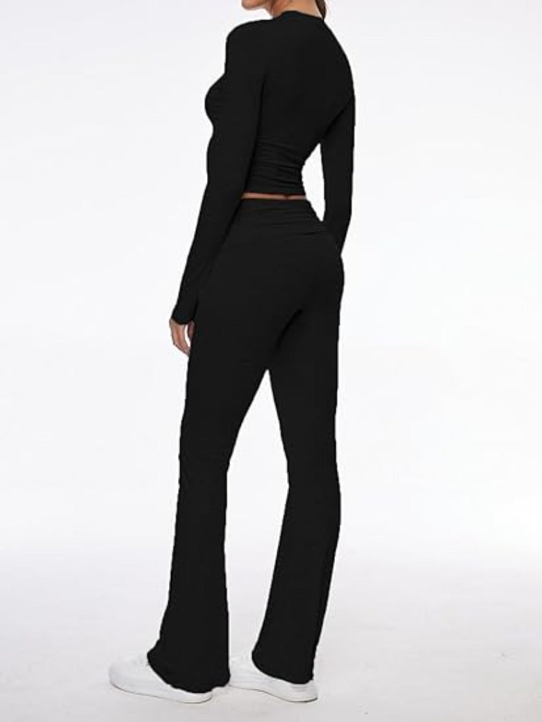 Long Sleeve Flare Pants Cropped Top-Original Pajamas