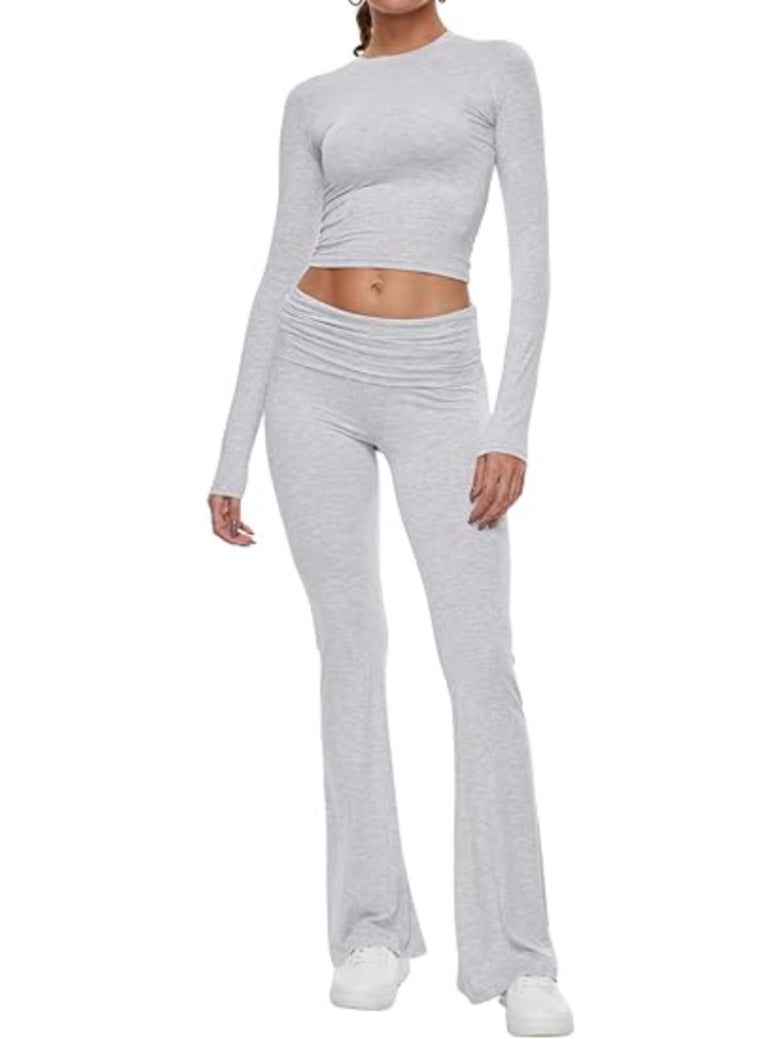 Long Sleeve Flare Pants Cropped Top-Original Pajamas