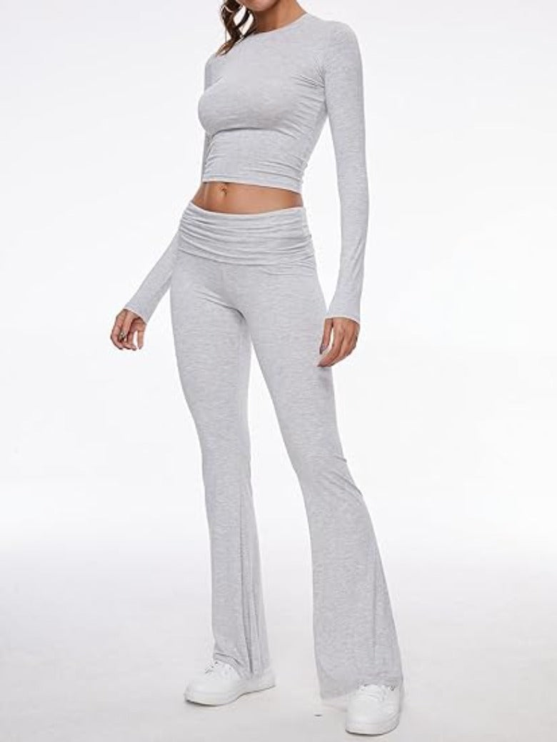 Long Sleeve Flare Pants Cropped Top-Original Pajamas