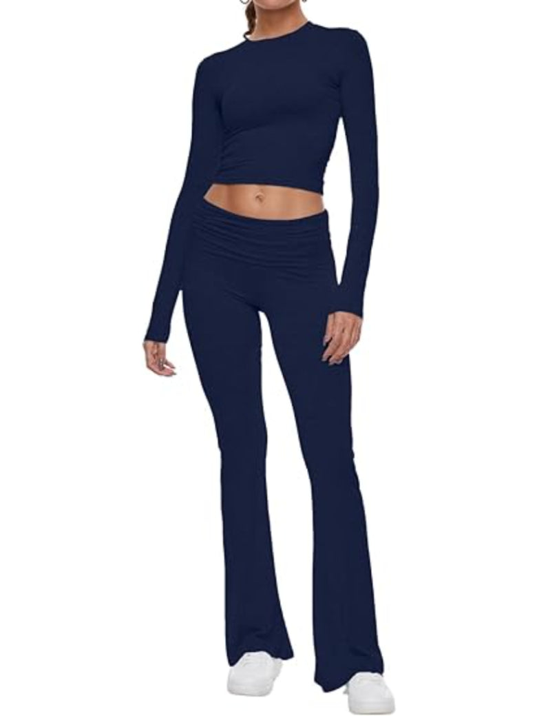 Long Sleeve Flare Pants Cropped Top-Original Pajamas