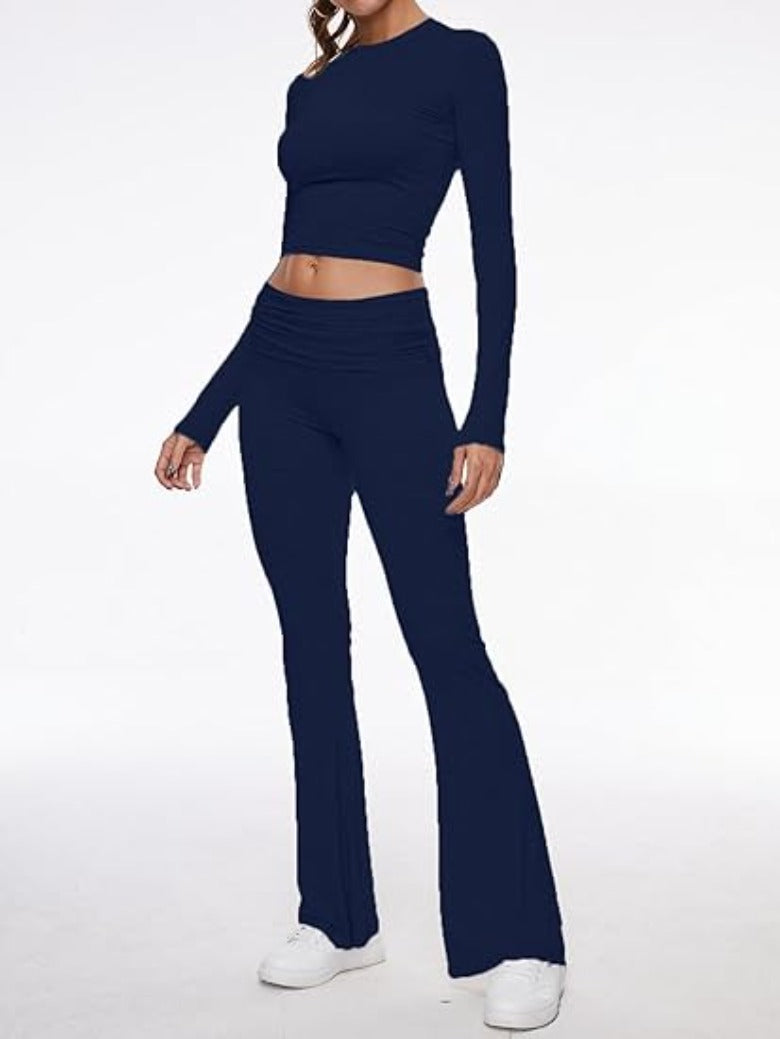 Long Sleeve Flare Pants Cropped Top-Original Pajamas