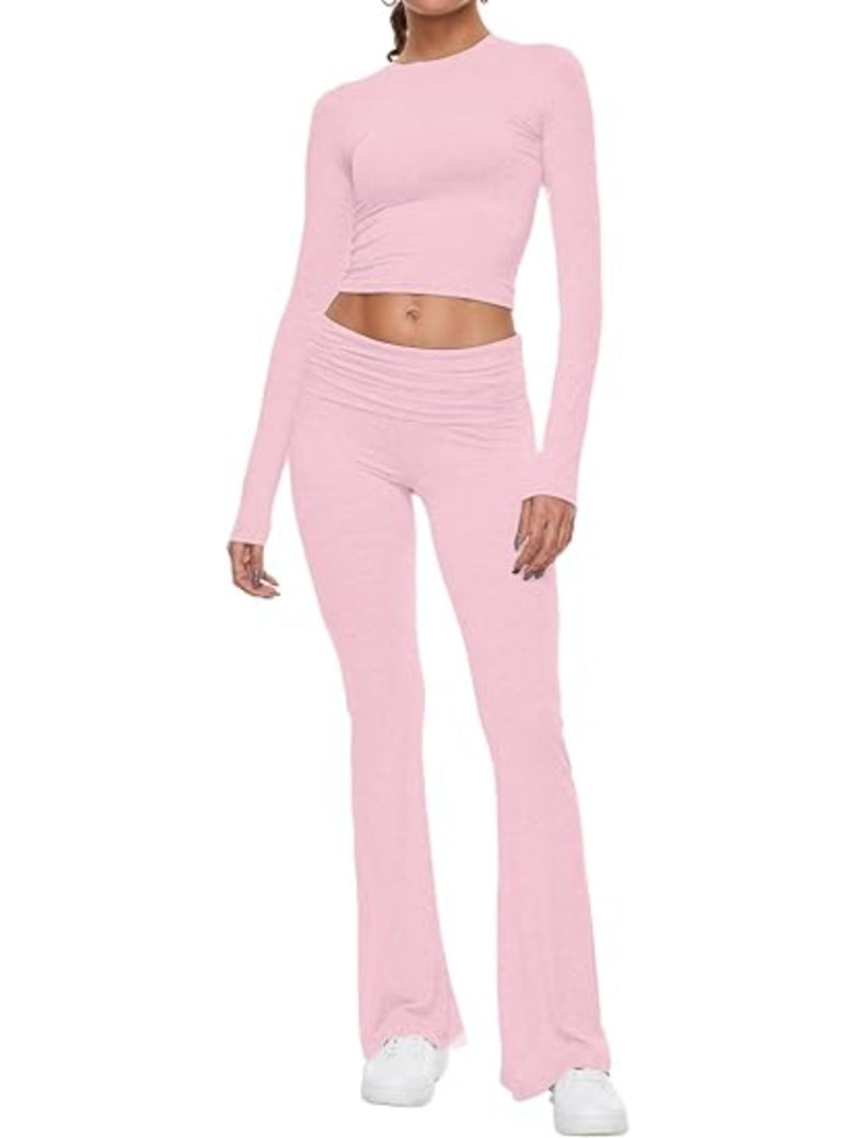 Long Sleeve Flare Pants Cropped Top-Original Pajamas