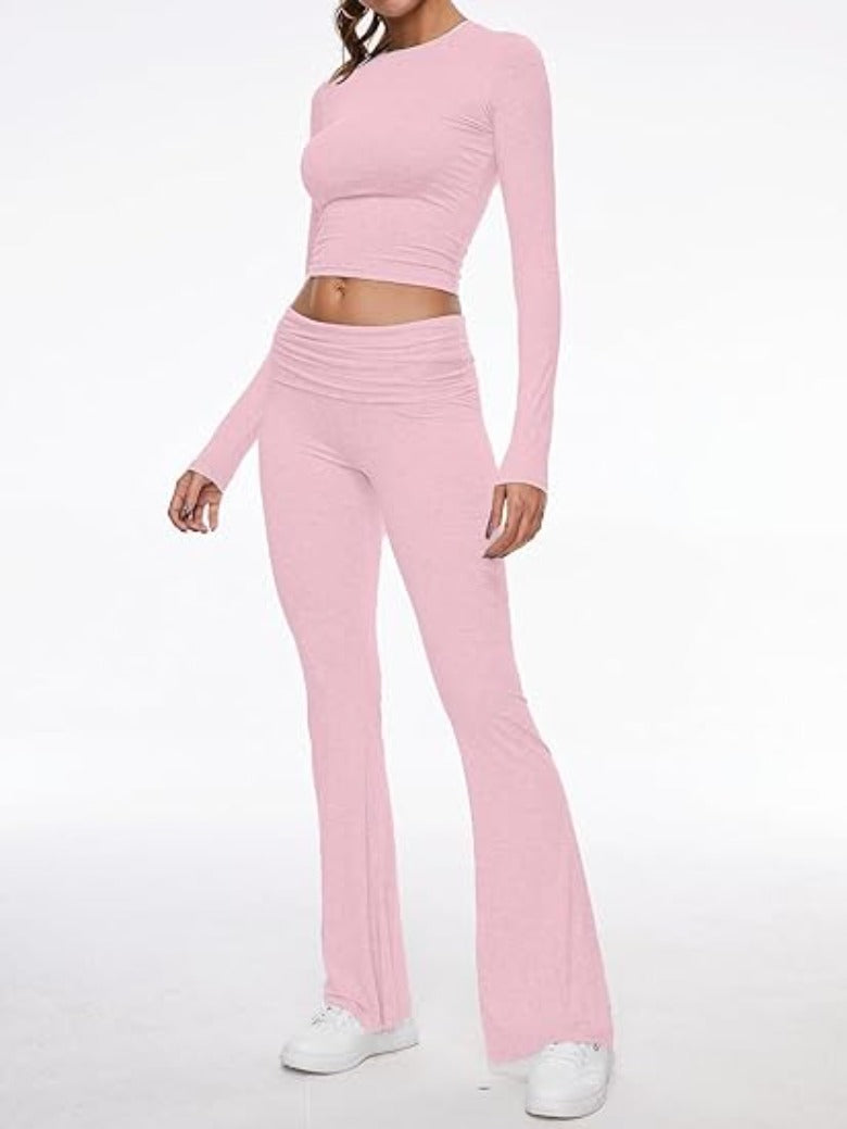 Long Sleeve Flare Pants Cropped Top-Original Pajamas