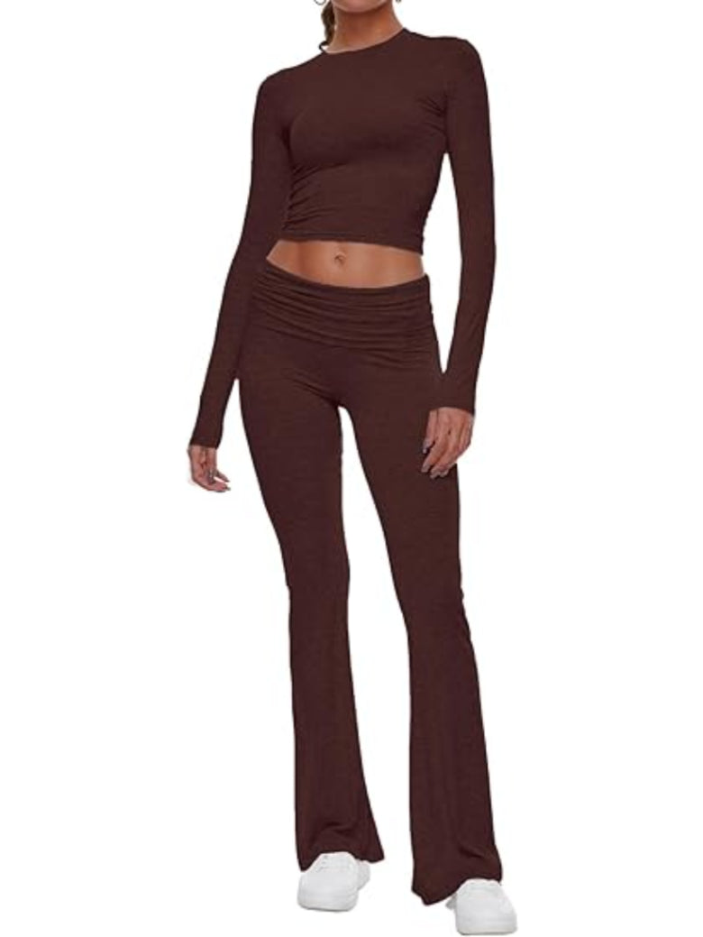 Long Sleeve Flare Pants Cropped Top-Original Pajamas