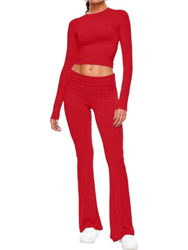 Long Sleeve Flare Pants Cropped Top-Original Pajamas