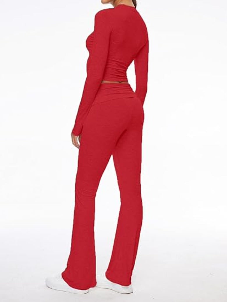 Long Sleeve Flare Pants Cropped Top-Original Pajamas