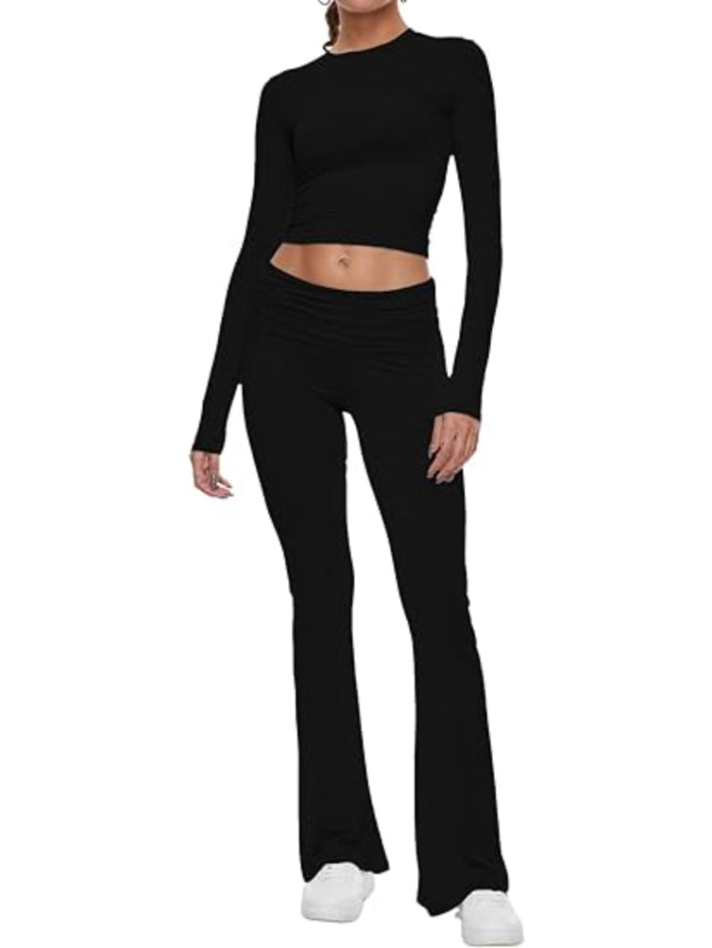 Long Sleeve Flare Pants Cropped Top-Original Pajamas