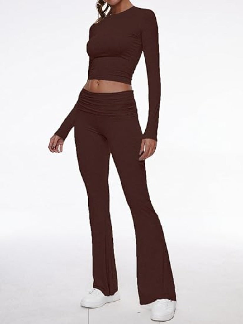 Long Sleeve Flare Pants Cropped Top-Original Pajamas