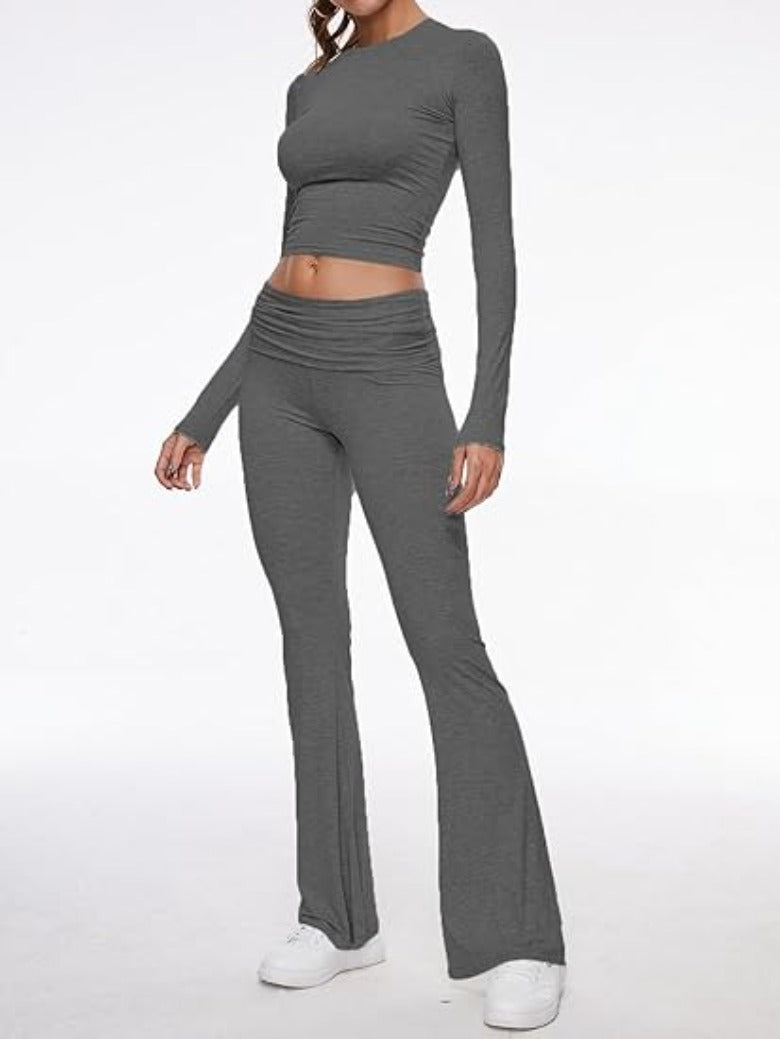 Long Sleeve Flare Pants Cropped Top-Original Pajamas