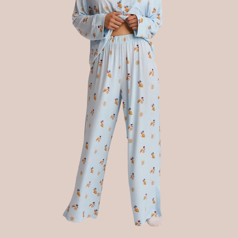Long Sleeve Pajama Set With Coffee And Croissants Print-Original Pajamas