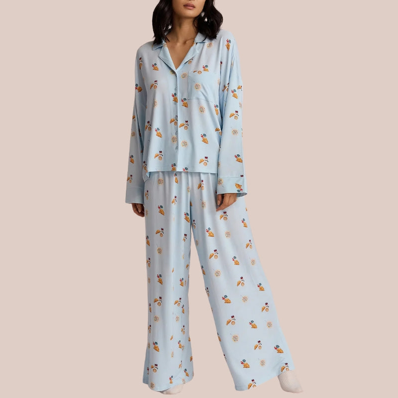 Long Sleeve Pajama Set With Coffee And Croissants Print-Original Pajamas
