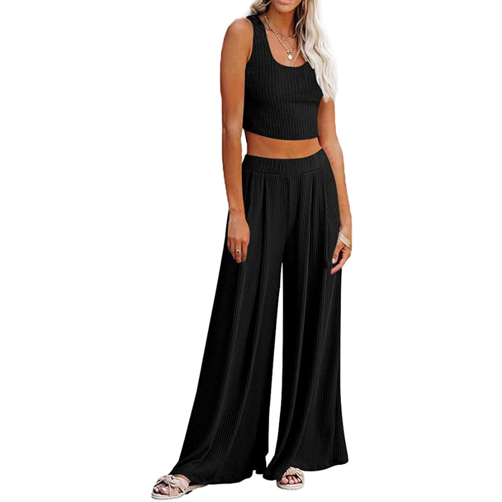 Crop Top Long Sleeve Palazzo Pants Set-Original Pajamas