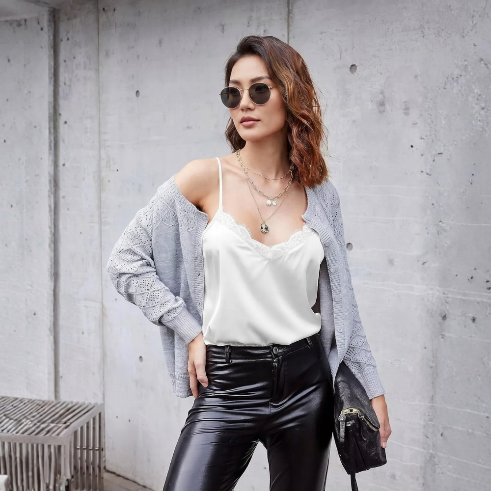 Women Satin Lace Camisole Spaghetti Strap Pajama Top