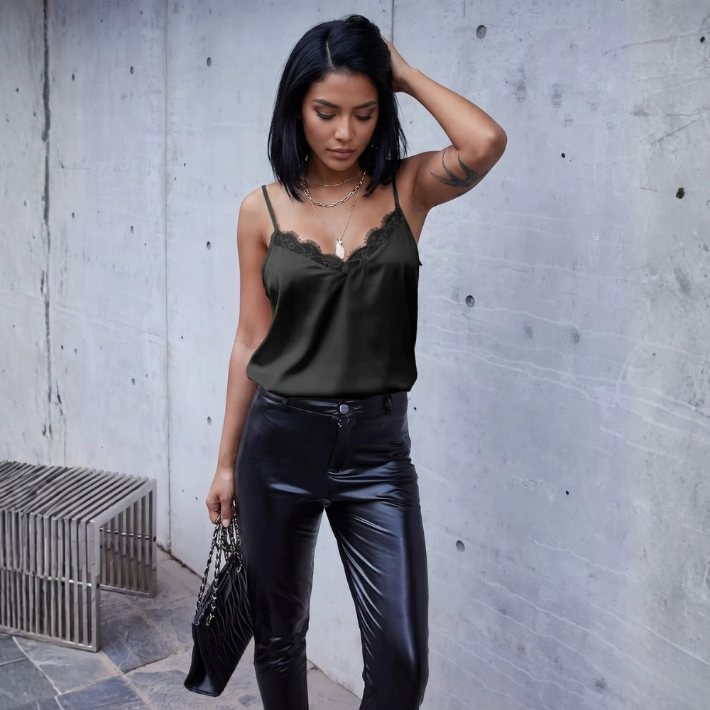 Women Satin Lace Camisole Spaghetti Strap Pajama Top