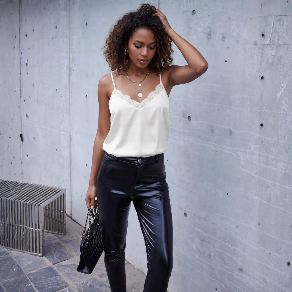 Women Satin Lace Camisole Spaghetti Strap Pajama Top