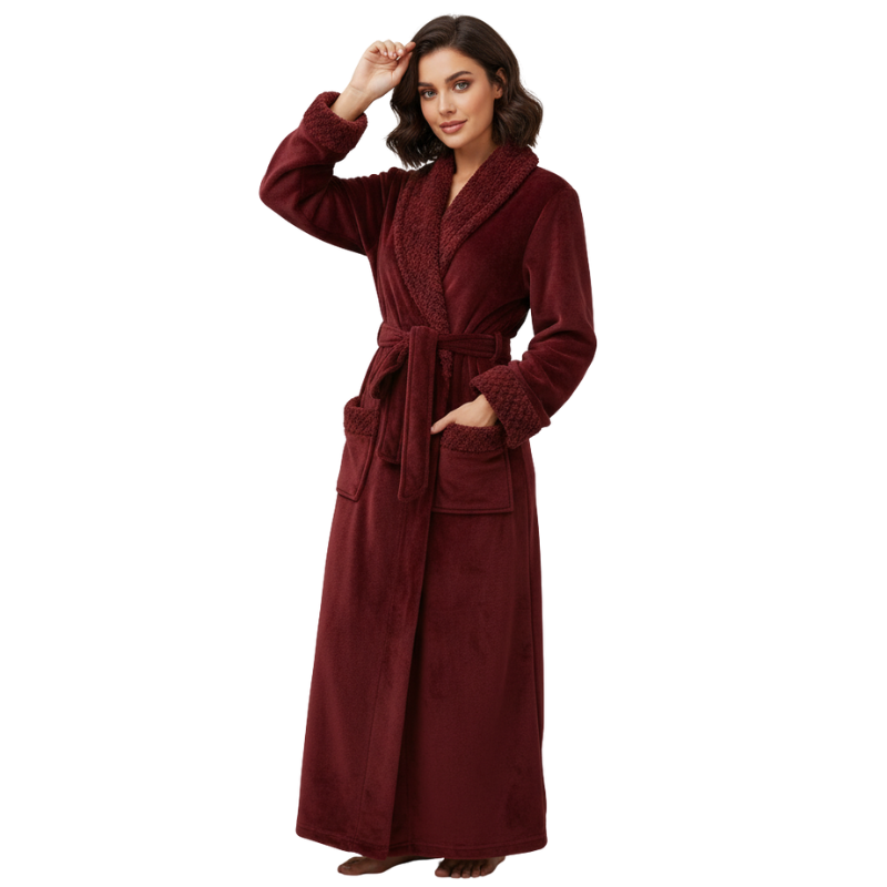 Long Fleece Shawl Collar Design Bathrobe For Women