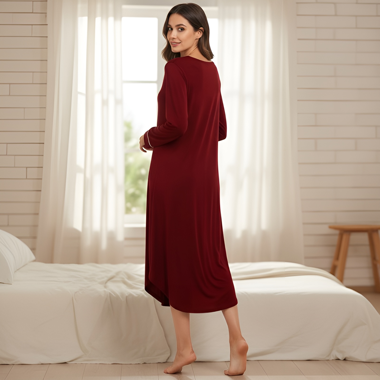 Classic Nightgown With Long Sleeve Button Down Design For Women