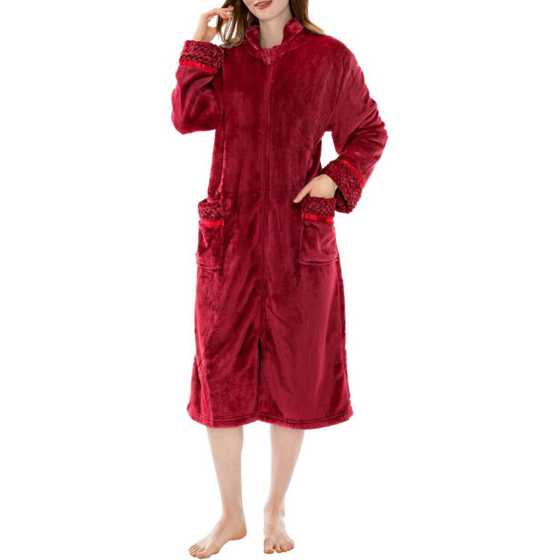 Cozy Zip Up Front Bathrobe With Soft Fleece For Women