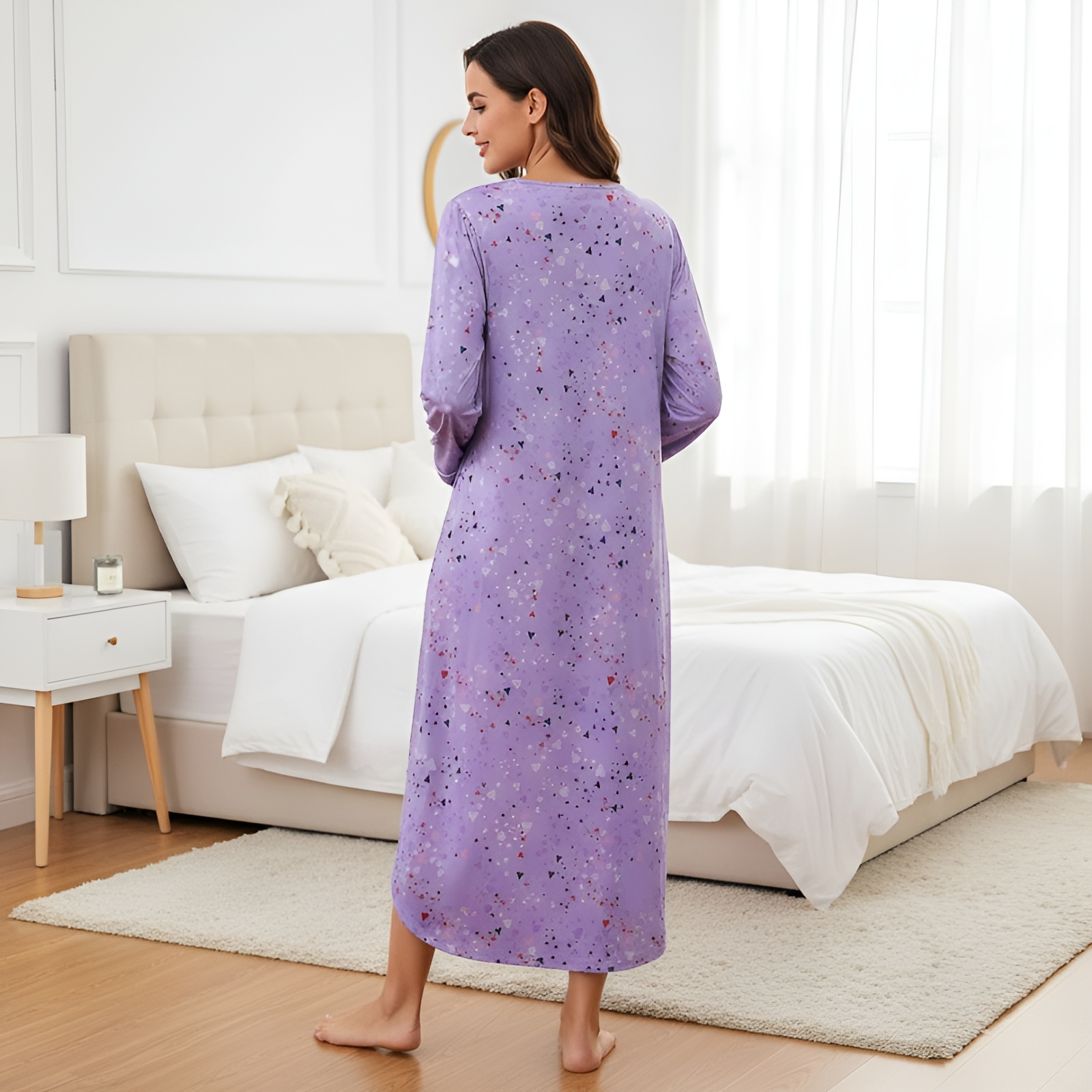 Classic Nightgown With Long Sleeve Button Down Design For Women