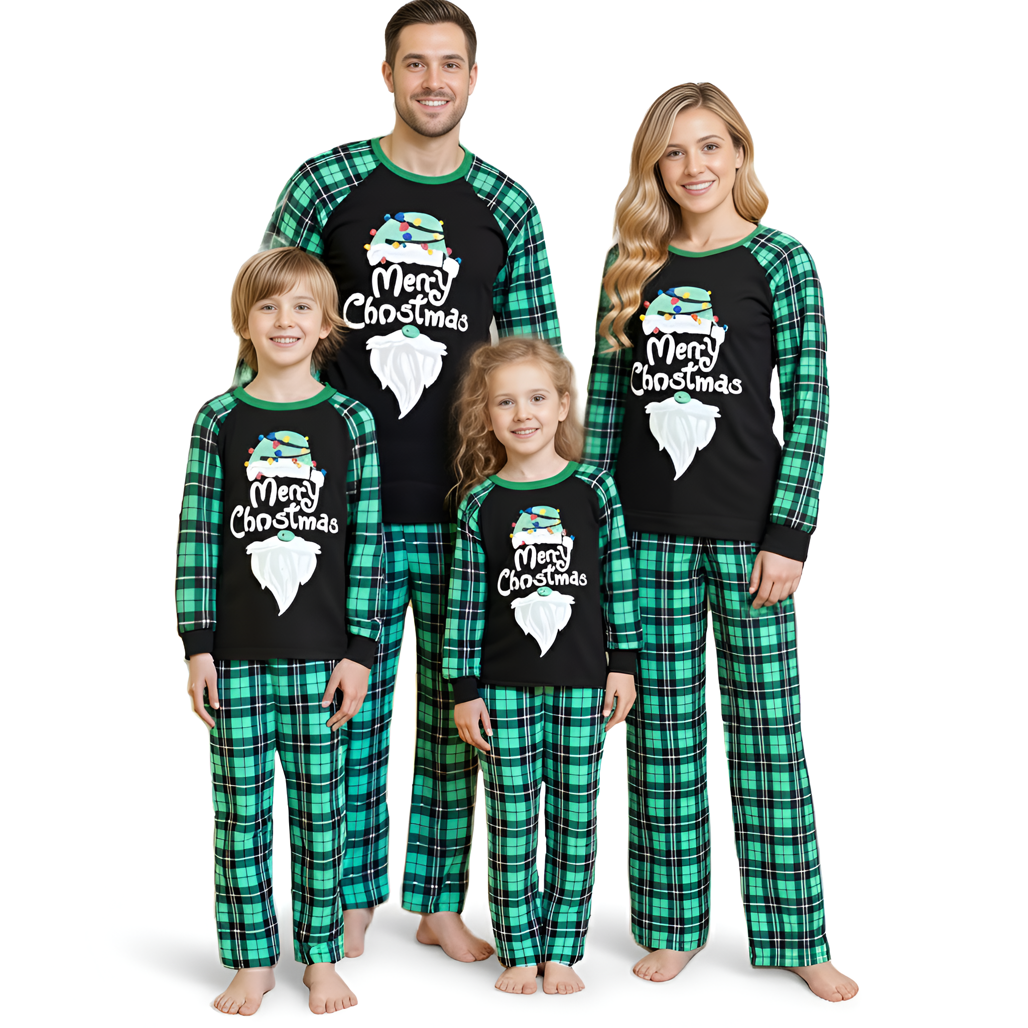 Merry Christmas Graphic Green Plaid Family Matching Pajama Sets