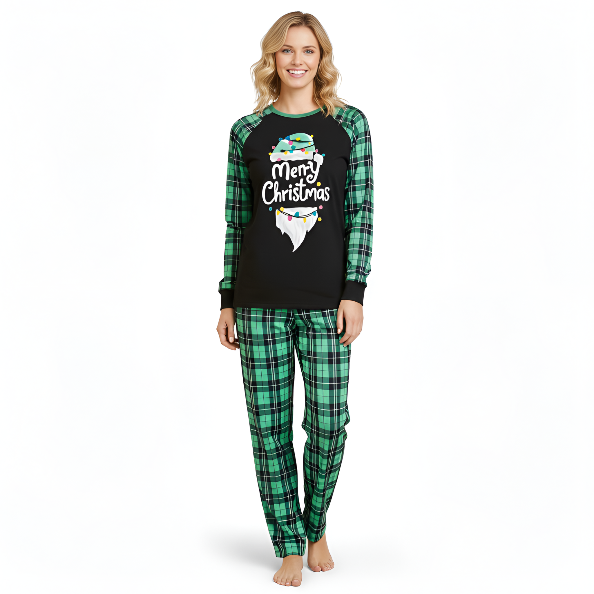Merry Christmas Graphic Green Plaid Family Matching Pajama Sets