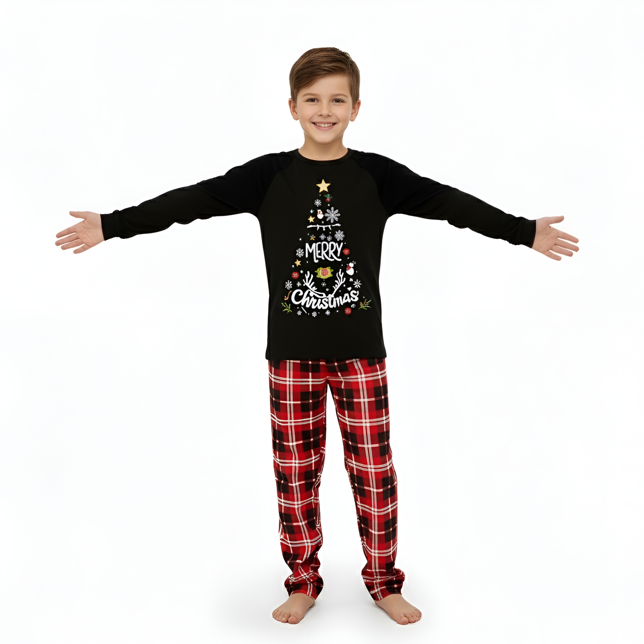 Merry Christmas Tree Printed Family Matching Plaid Pajama Set